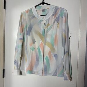 Bleyle Vintage 80's Blouse & Scarf Set Button Up Pastel Print Hidden Buttons 14